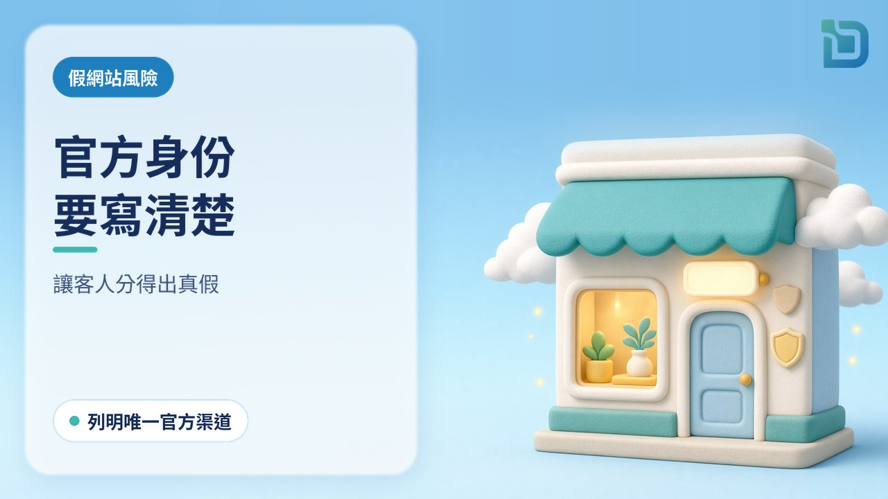 官方身份要清楚：一個軟陶小店門口掛著一塊發光的空白門牌，旁邊有一個盾牌形狀的小標記