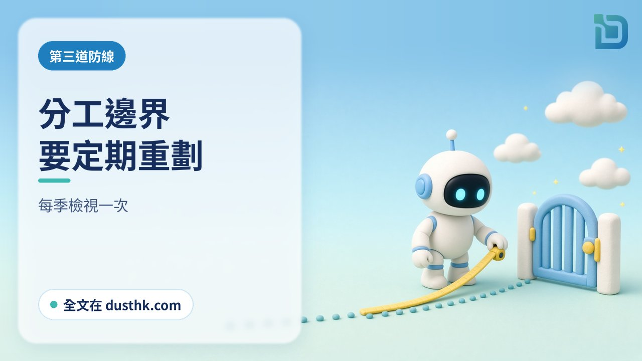 邊界要定期調整:白色小機械人拉著軟尺,沿地上一條虛線量度,旁邊有一道小閘門