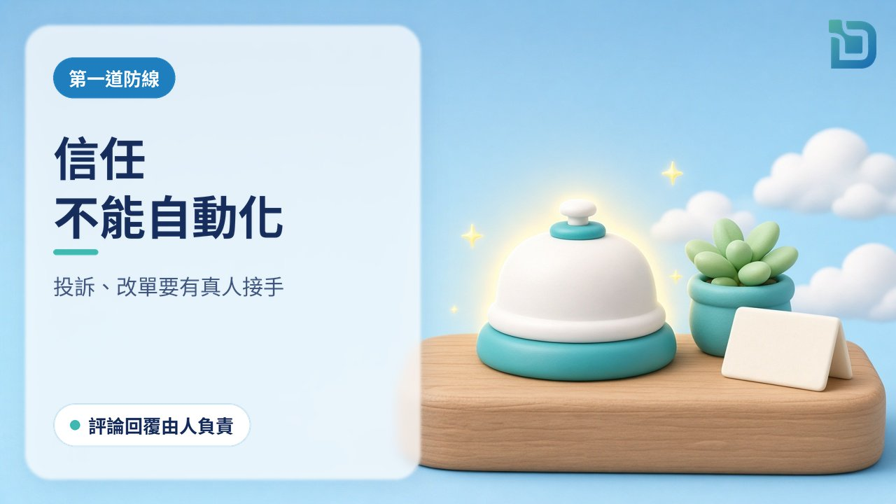 把服務留給真人:一個軟陶服務鈴放在小櫃枱上,旁邊有一盆小植物