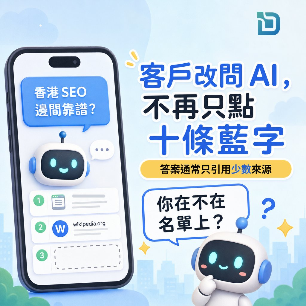 客戶改問 AI，不再只點十條藍字：答案通常只引用少數來源——手機上有人問「香港 SEO 邊間靠譜？」，AI 答案只列出幾個來源，小機械人問「你在不在名單上？」