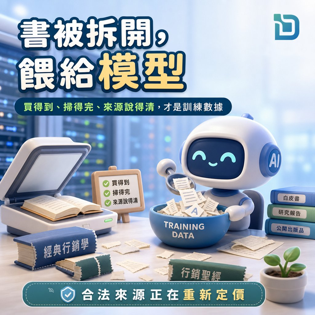 書被拆開，餵給模型：買得到、掃得完、來源說得清，才是訓練數據——小機械人把拆散的書頁放進「Training Data」碗中，旁邊是書本掃描器，底部寫著「合法來源正在重新定價」