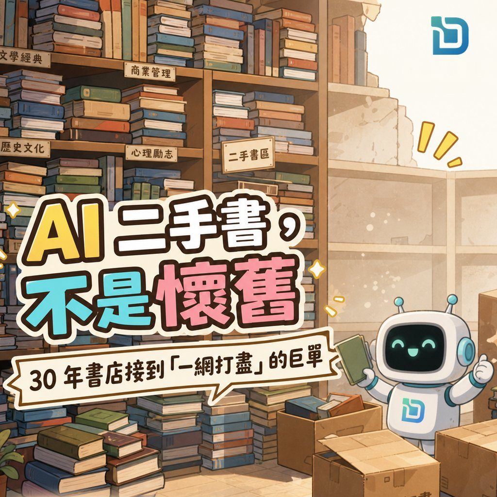 AI 二手書，不是懷舊：30 年書店接到「一網打盡」的巨單——插畫中的二手書店書架堆滿書本，小機械人手拿一本書，站在紙箱旁