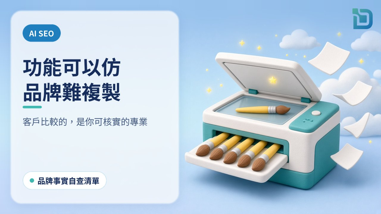AI SEO：功能可以仿，品牌難複製。一部影印機複製出一排一模一樣的畫筆