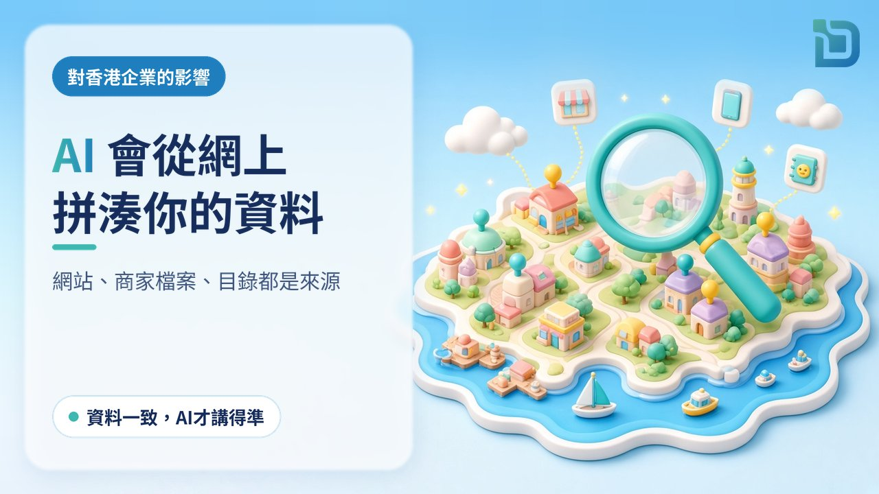 AI會從網上拼湊你的資料：巨型放大鏡懸在城市地圖上，照著幾個商戶定位針